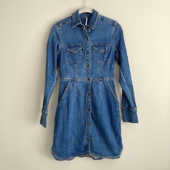 Free People Dynomite Blue Denim Dress Snap Front Medium Wash Mini Size XS - Picture 2 of 12